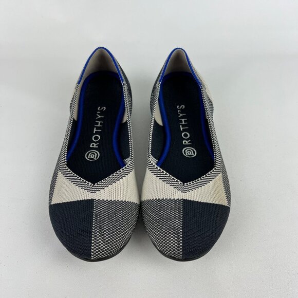 Rothys Womens Cap Toe Buffalo Plaid Round Toe Ballet Flat Black White size 7.5 - Picture 2 of 15